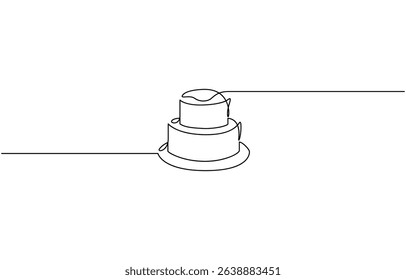 Minimalist continuous line drawing of a birthday cake with one lit candle and dripping frosting in black and white,