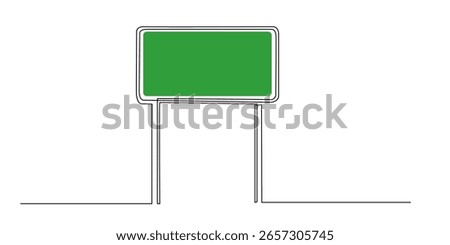 Minimalist continuous line drawing of a blank green road sign on poles, symbolizing direction, travel, and navigation. Perfect for map design, road themes, or transportation concepts