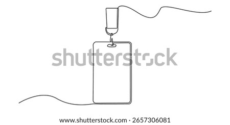 Minimalist continuous line drawing of a blank ID card hanging from a lanyard. Simple vector design representing identification, business access, employee badge, or conference credentials.