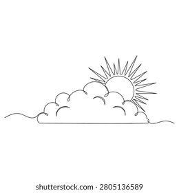 Minimalist continuous line drawing of a bright sun hiding behind a fluffy cloud in a simple black and white style
