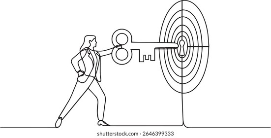 Minimalist continuous line drawing of businesswoman unlocking target symbol with large key in black and white