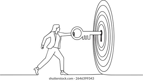 Minimalist continuous line drawing of businesswoman unlocking target symbol with large key in black and white
