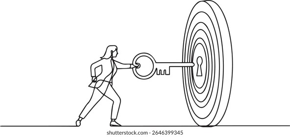 Minimalist continuous line drawing of businesswoman unlocking target symbol with large key in black and white