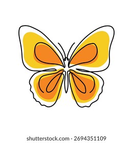 Un dibujo lineal continuo minimalista de una mariposa. La mariposa tiene las alas abiertas. El fondo es blanco. El dibujo es sencillo y elegante. Es un diseño moderno.