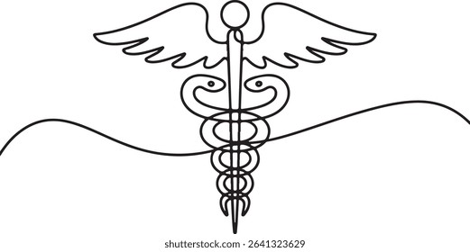 Minimalist continuous line drawing of Caduceus medical symbol with serpents and wings in black and white

