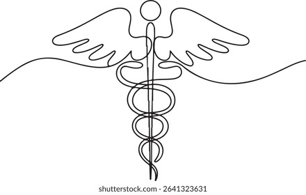 Minimalist continuous line drawing of Caduceus medical symbol with serpents and wings in black and white

