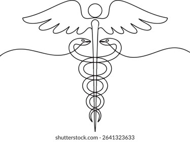 Minimalist continuous line drawing of Caduceus medical symbol with serpents and wings in black and white

