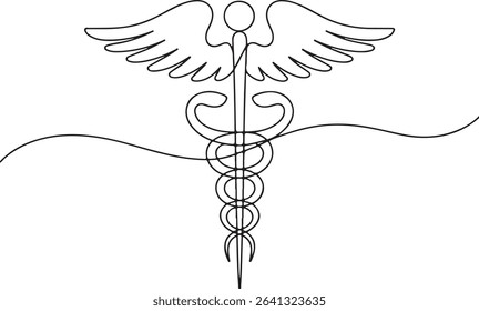 Minimalist continuous line drawing of Caduceus medical symbol with serpents and wings in black and white

