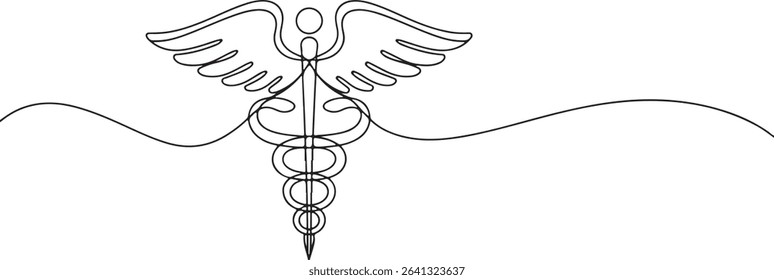 Minimalist continuous line drawing of Caduceus medical symbol with serpents and wings in black and white

