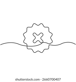 Minimalistische durchgehende Linienzeichnung von Abbruch- oder Fehlersymbol innerhalb der Zahnradform, einfache schwarz-weiße Vektorgrafik für Einstellungen, Löschen und Web-Interface-Konzepte.