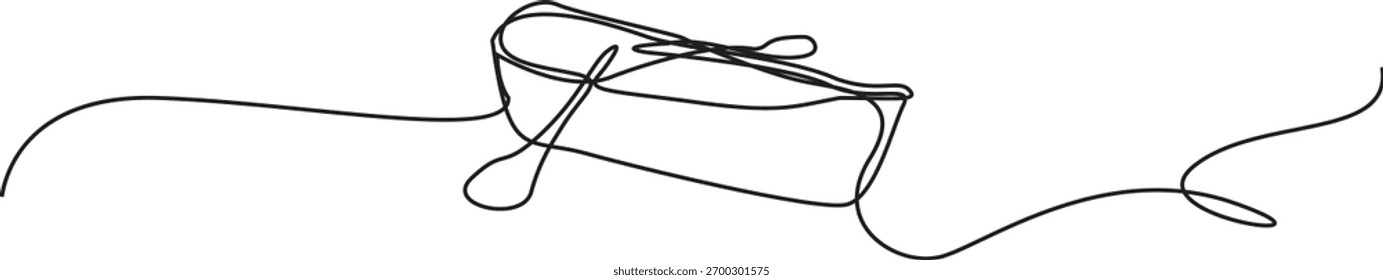 Um desenho de linha contínua minimalista de uma canoa com alavancas, sugerindo movimento na água.