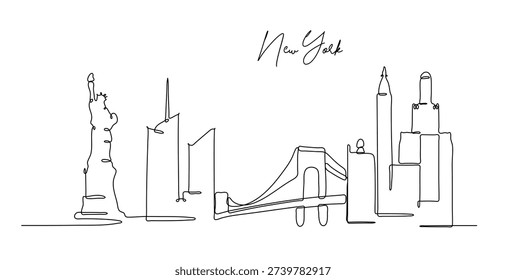 A minimalist continuous line drawing captures the iconic New York City skyline featuring the Statue of Liberty skyscrapers and a famous bridge