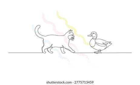 Minimalist continuous line drawing of cat and duck meeting face to face artistic vector illustration on white clean background.