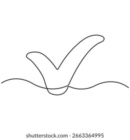 Minimalist continuous line drawing of check mark symbol, abstract approval concept, success, completed task, validation, quality assurance, achievement, business, and positive result.