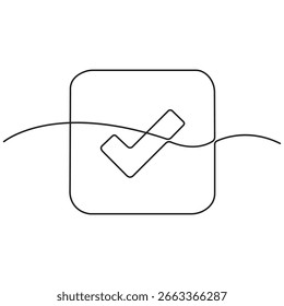 Minimalistisches, durchgehendes Zeichnen des Häkchens in einem quadratischen Feld, abstraktes Genehmigungskonzept, abgeschlossene Aufgabe, Validierung, Erfolg, Geschäft, Qualitätssicherung und Leistung.
