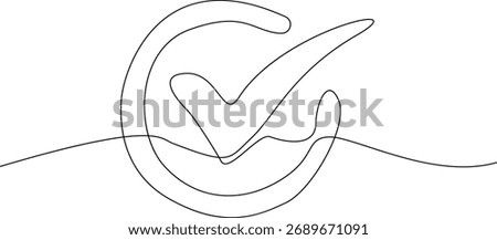 A minimalist, continuous line drawing of a checkmark inside a circle.