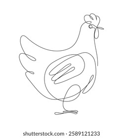 Minimalist continuous line drawing of a chicken.