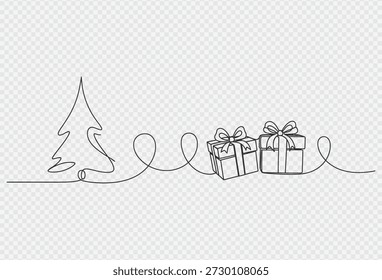 A minimalist continuous line drawing of a Christmas tree and two gifts wrapped with ribbon, created with a single black line on a transparent background with a subtle grey checkered pattern, evoking a sense of simplicity and festive cheer.