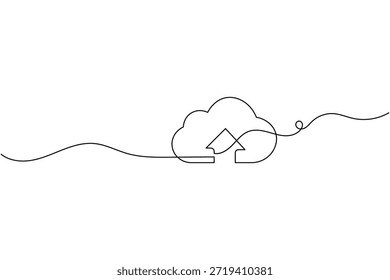 Desenho de linha contínua minimalista de uma nuvem com seta de upload para o conceito de tecnologia