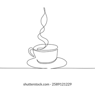 Minimalist continuous line drawing of a coffee cup, representing latte, cappuccino, and espresso.