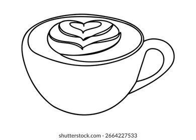 Minimalist continuous line drawing a coffee cup with heart latte art drink beverage