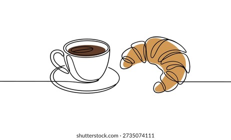 Minimalist continuous line drawing of coffee cup on saucer with croissant symbolizing breakfast, morning routine, food, lifestyle, simplicity, and creativity