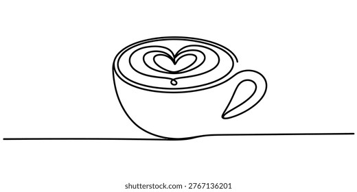 Minimalist continuous line drawing of a coffee cup with heart shaped latte art foam Vector, illustration