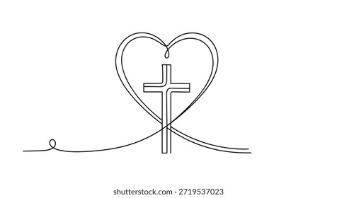 Minimalist continuous line drawing combining a christian cross with a heart shape on a plain white background.