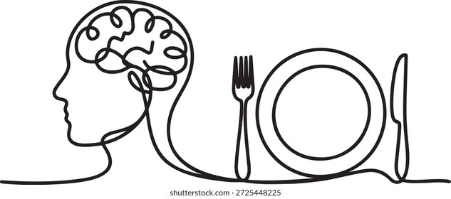 Minimalist continuous line drawing combining human head with brain and plate with fork and knife. Concept art for food for thought, eating habits, and mental health.