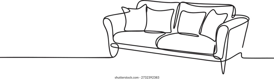 Um desenho de linha contínua minimalista de um sofá confortável com travesseiros de pelúcia. Esta elegante ilustração é ideal para design de interiores, decoração de casa, móveis e temas de relaxamento. O estilo de linha simples e limpa cria uma estética moderna, apresentada em um fundo transparente para uma colocação versátil.