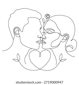 Um desenho de linha contínua minimalista de um casal compartilhando um momento íntimo, belamente entrelaçando rostos com um coração e detalhes florais para celebrar romance e conexão emocional