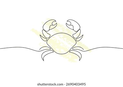 Minimalistische durchgehende Linie, die eine Krabbe mit strukturiertem gelbem einzeiligem Tierozean zeichnet