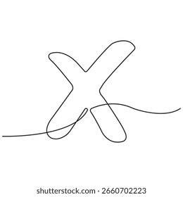 Minimalist continuous line drawing of cross mark or cancel symbol, simple black and white vector illustration for error, delete, and web interface concepts