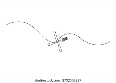 Minimalist continuous line drawing of crossed knife and fork. Perfect for restaurant branding, cafe menus, catering services, and dining decor.