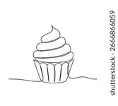 Minimalist continuous line drawing a cupcake with swirled frosting Single line dessert