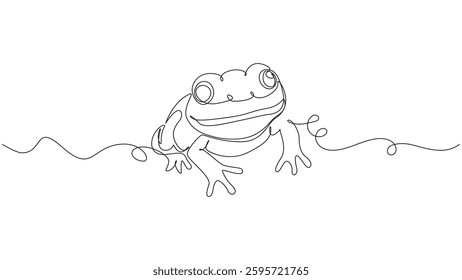 A minimalist continuous line drawing of a cute cartoon frog, designed on a clean white background. This single-line art is ideal for modern and trendy designs.