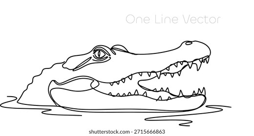 Dibujo de línea continuo minimalista de una peligrosa cabeza de cocodrilo con la boca abierta, parcialmente sumergida en agua. Ideal para la vida silvestre, la naturaleza y los diseños de temática animal. Ilustración vectorial