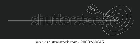 A minimalist continuous line drawing of a dart hitting a target, representing precision and goal accomplishment. Ideal for themes of strategy and success.