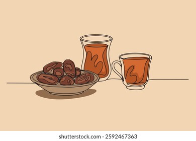 Minimalist Continuous Line Drawing of Dates and Traditional Tea Cup – Ramadan Iftar Illustration