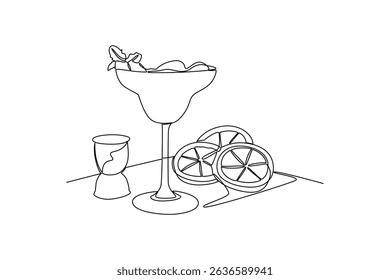 Minimalist continuous line drawing depicting a cocktail glass, orange slices, and a jigger, creating a stylish and modern representation of beverage preparation