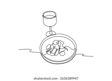 Minimalist continuous line drawing depicting a plate of food and a glass, symbolizing a meal or menu