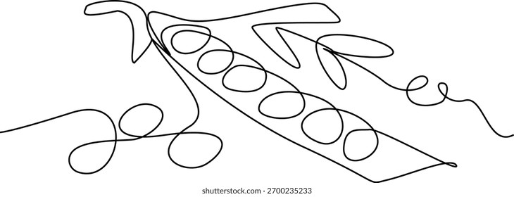 A minimalist continuous line drawing depicting a pea pod with several peas visible inside, characterized by its fluid, unbroken stroke and abstract aesthetic.