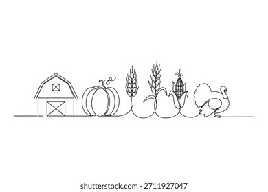 Dibujo minimalista de líneas continuas que representa una secuencia de Elementos de la cosecha de otoño.