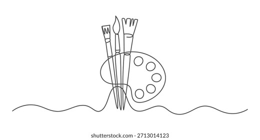 Um desenho de linha contínua minimalista representando pincéis de pintura e uma paleta Vetor, ilustração