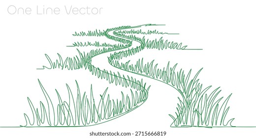 Dibujo de línea continua minimalista que representa un camino sinuoso a través de hierba alta estilizada. Evoca temas de viaje, exploración, naturaleza y belleza. Ideal para diversos proyectos de diseño. Ilustración vectorial