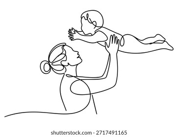 Un dibujo minimalista de línea continua que representa a una madre levantando a su bebé, simbolizando el vínculo puro, el amor y la ternura entre los padres y el niño.