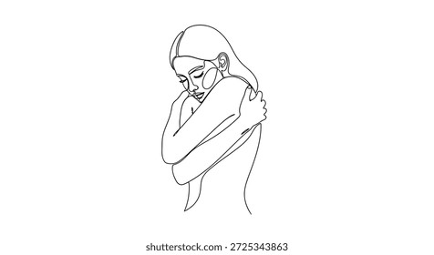 A minimalist, continuous line drawing depicting a woman embracing herself. This elegant and abstract illustration symbolizes self-love, personal care, and mental wellness. The simple design conveys