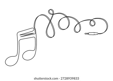 Un dibujo de línea continuo minimalista que representa una nota musical que se transforma sin problemas en un cable conector de audio sobre un fondo blanco.