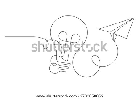 A minimalist continuous line drawing depicting a light bulb seamlessly connecting to a paper airplane, symbolizing the journey from idea to execution and communication.