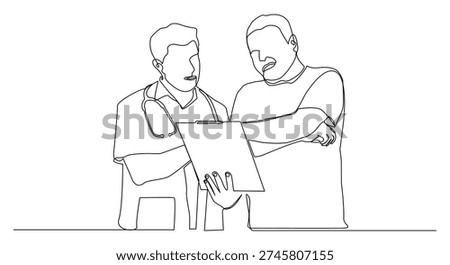 A minimalist, continuous line drawing depicting a doctor explaining a medical report to a patient while holding a notepad.